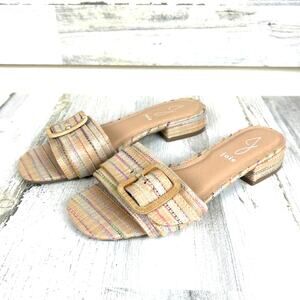 Joie Womens 7.5 Claire Multicolor Stripe Woven Buckle Flat Sandals Casual Summer